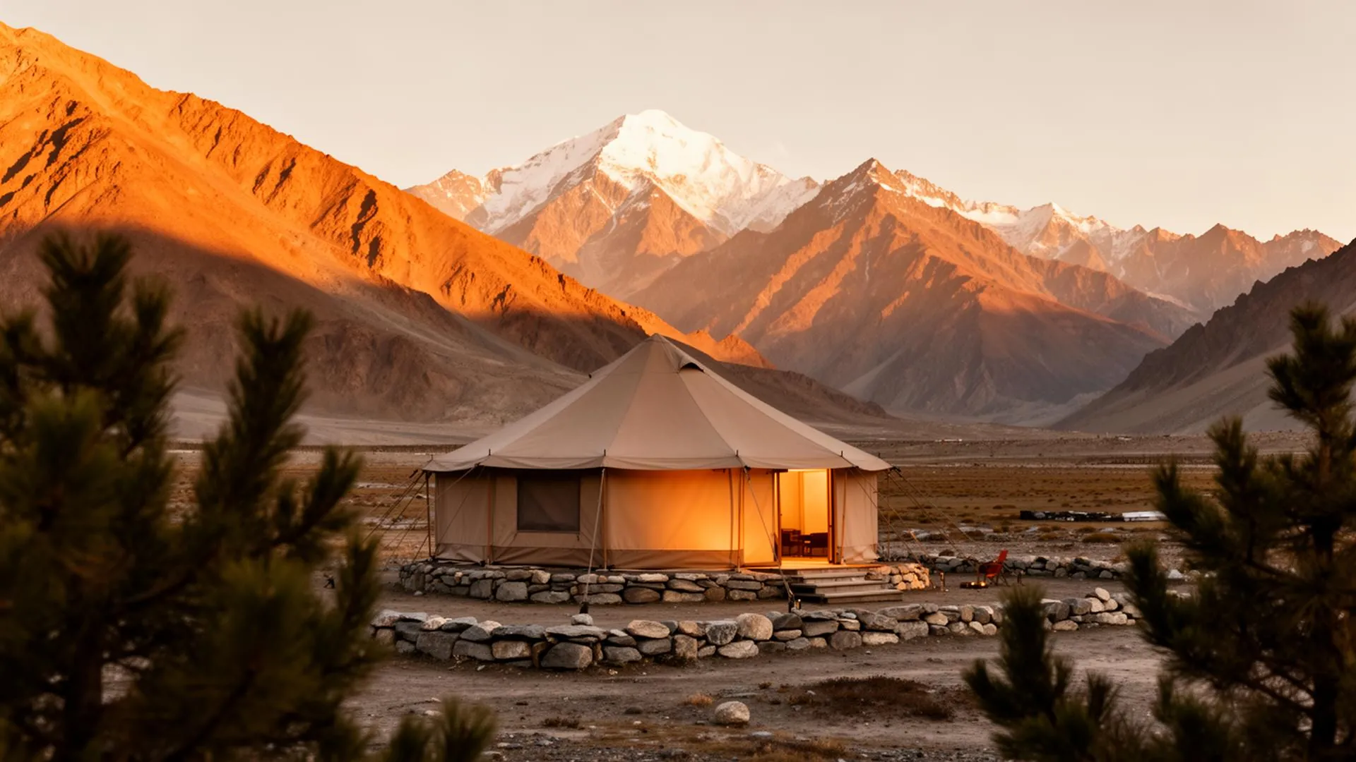 A canvas camp at golden hour beside a river in Lahaul